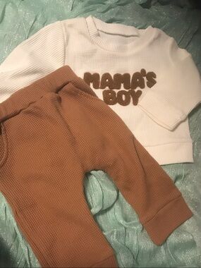 Neutral Waffle Knit Baby Set - "Mama's Boy" Top & Brown Pants